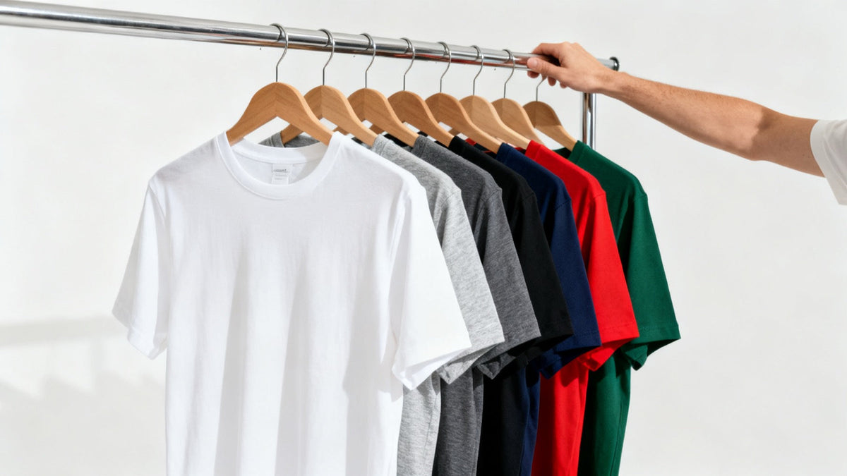 Blank T-shirts in white, gray, black, navy, red and green on a rack