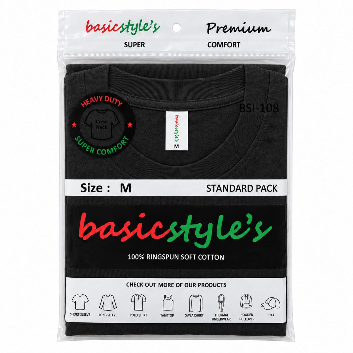 BSI 108 100% RIGNSPUN COTTON SHORT SLEEVE T-SHIRT CASE BULK PACK.