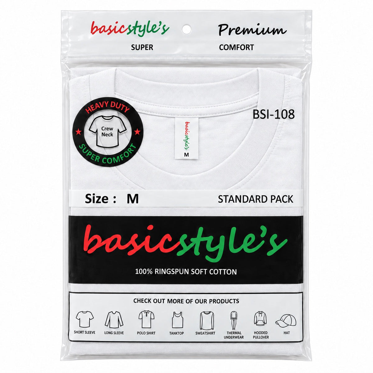 BSI 108 100% RIGNSPUN COTTON SHORT SLEEVE T-SHIRT CASE BULK PACK.