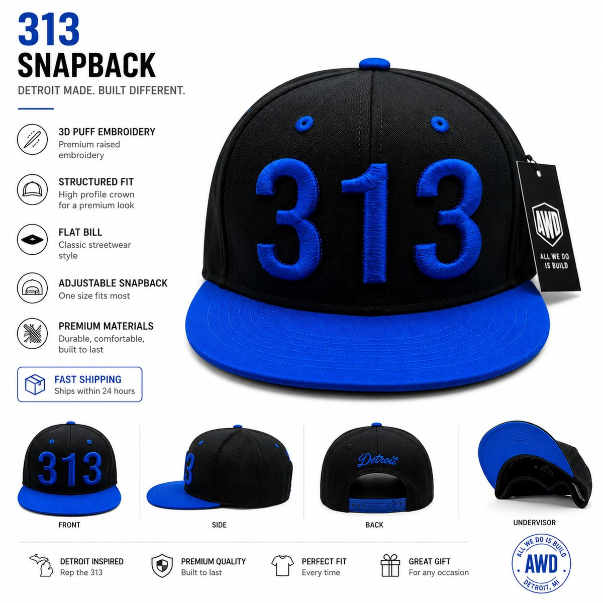 AWD source image 48493871268095: Detroit & Michigan Logo Hats