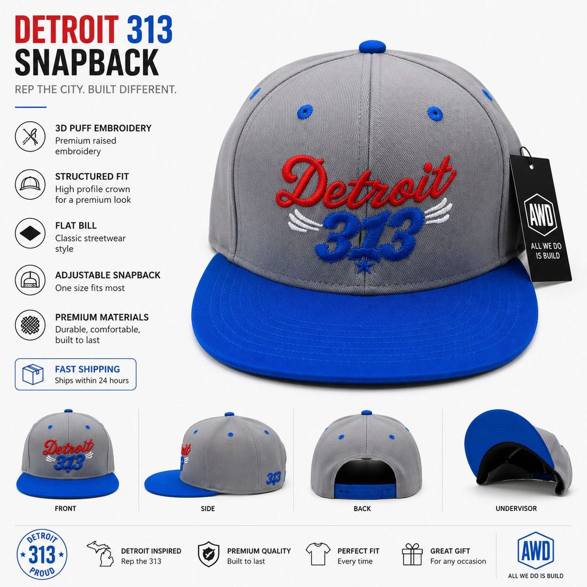 AWD source image 48493871366399: Detroit & Michigan Logo Hats