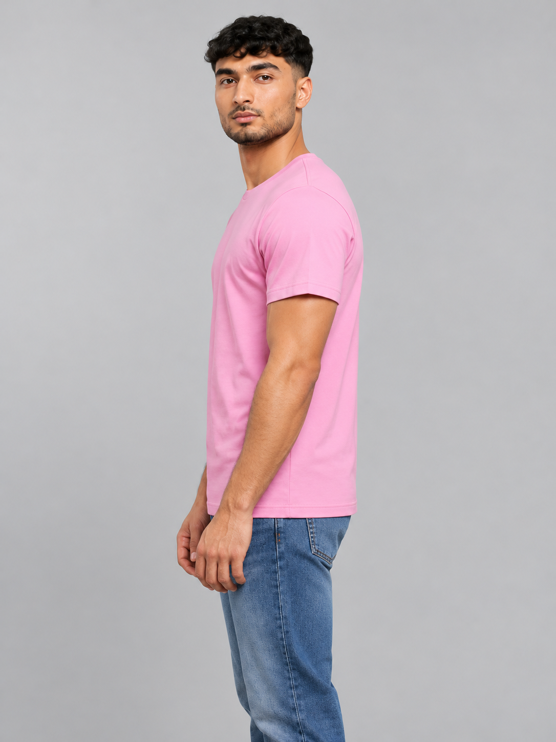 h1009-blended-cotton-polyester-unisex-t-shirt | Pink | model side view