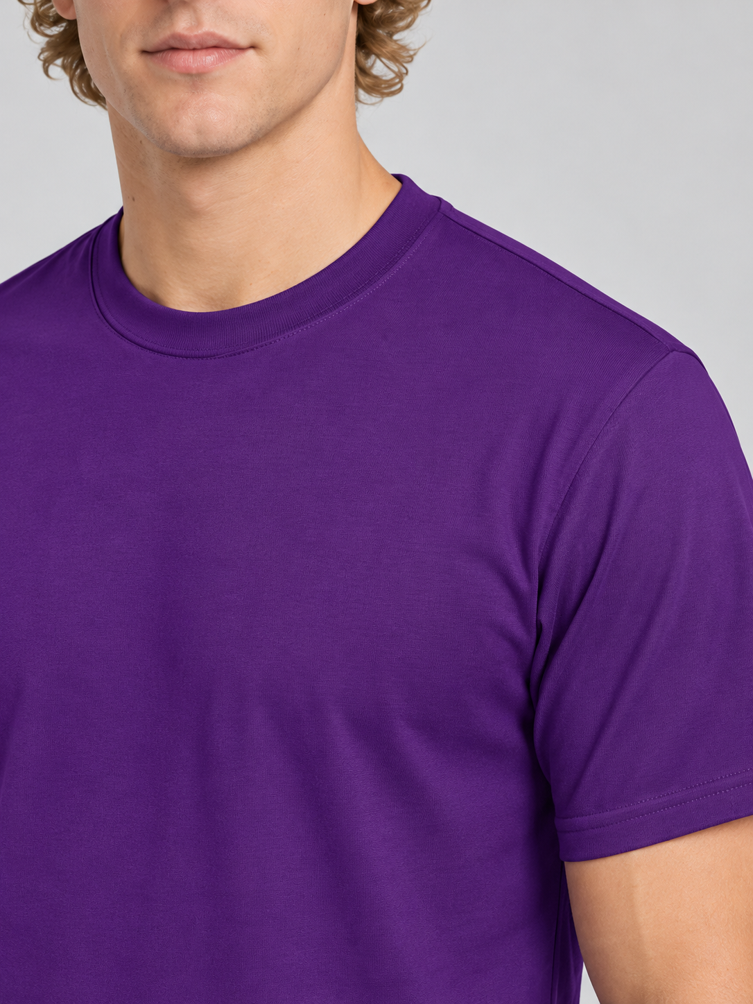 h1009-blended-cotton-polyester-unisex-t-shirt | Purple | model detail close-up