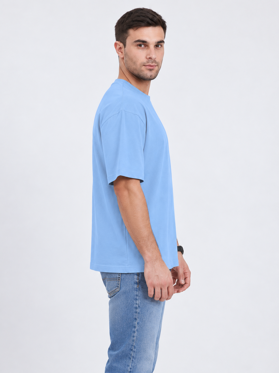 h1009-blended-cotton-polyester-unisex-t-shirt | Sky Blue | model side view