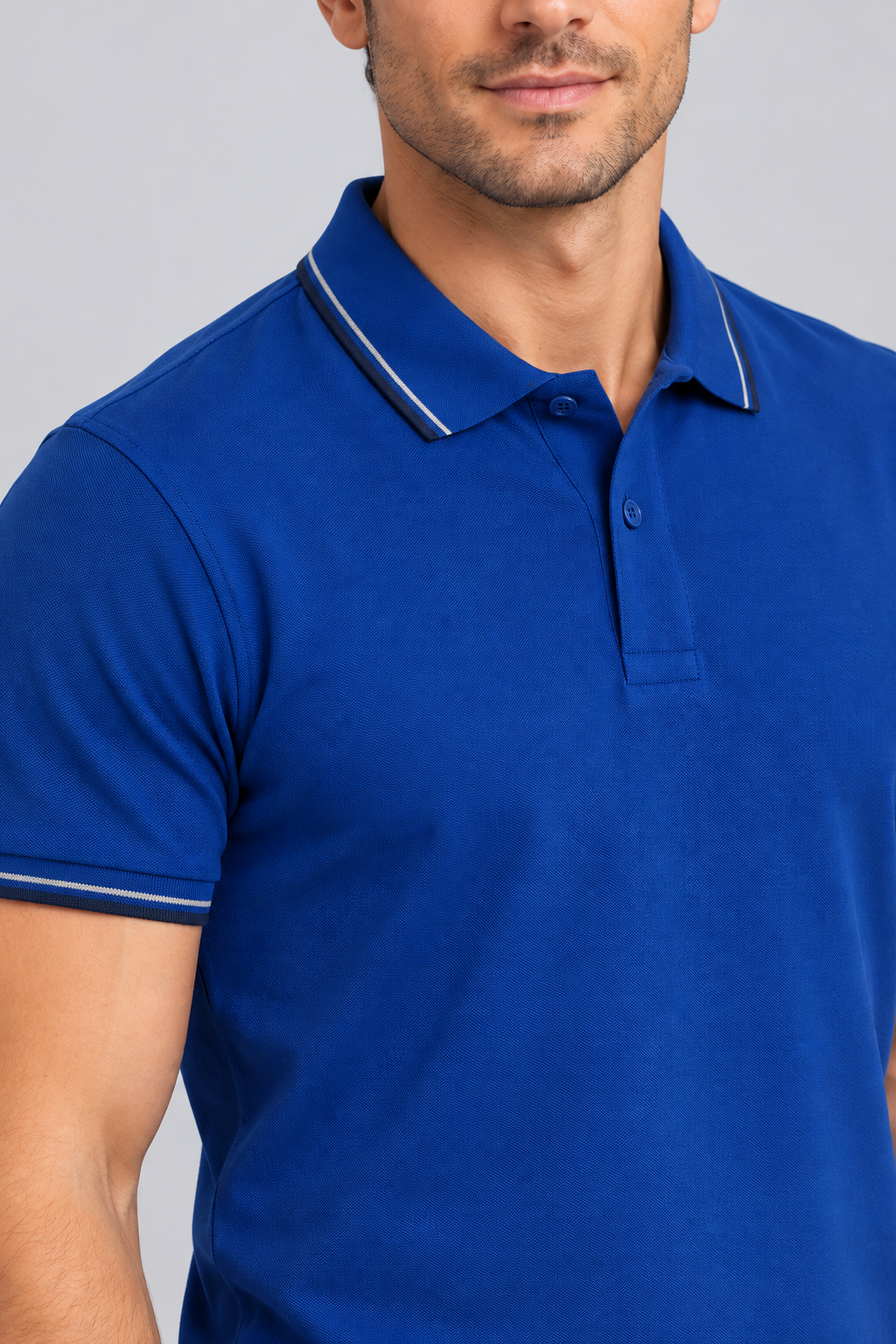 h7005-button-down-polo-100-cotton-pique | Royal Blue | model detail close-up
