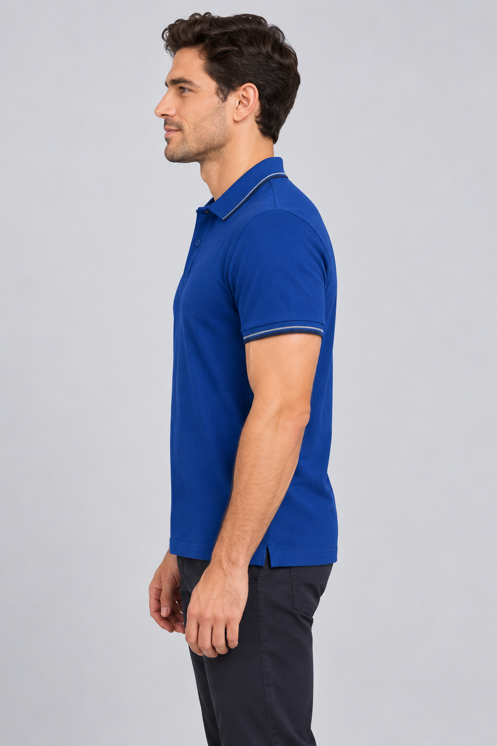 h7005-button-down-polo-100-cotton-pique | Royal Blue | model side view