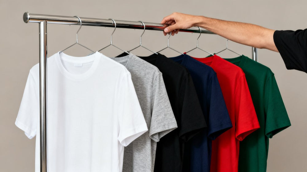 Blank T-shirts in six colors hanging on a rack