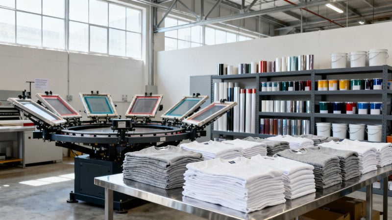 Stacks of blank T-shirts beside a screen-printing press