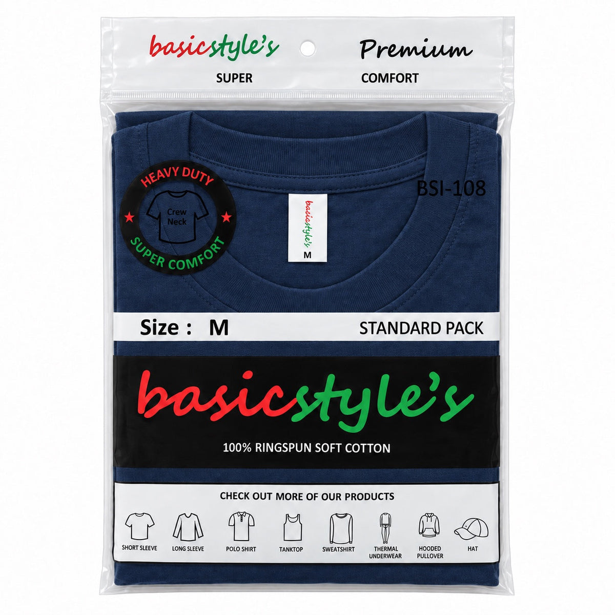 BSI 108 100% RIGNSPUN COTTON SHORT SLEEVE T-SHIRT CASE BULK PACK.