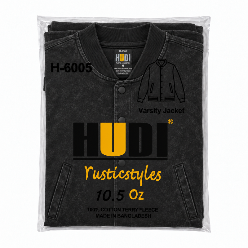 H6005 RusticStyles Premium Vintage Wash 100% Cotton Terry Fleece Varsity Jacket