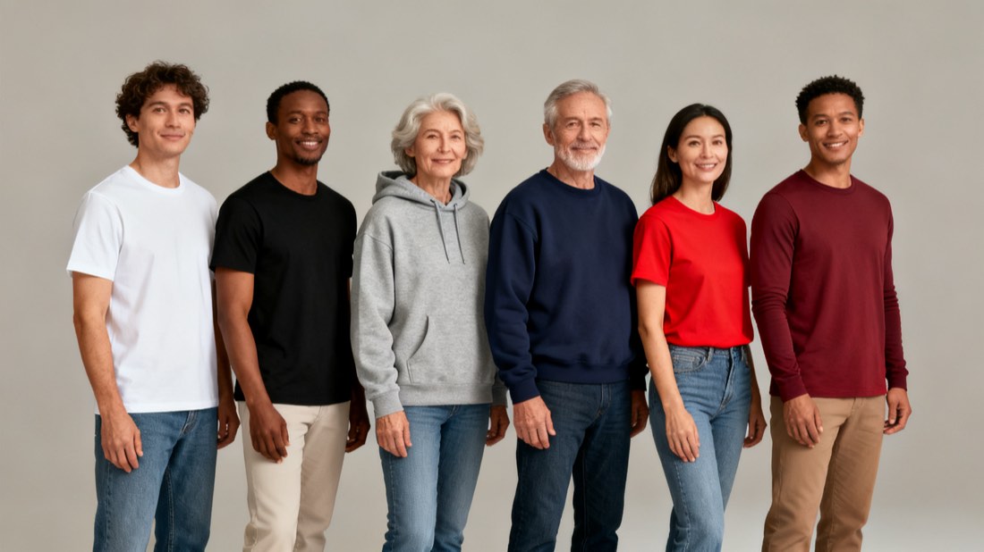 Six models wearing blank garments