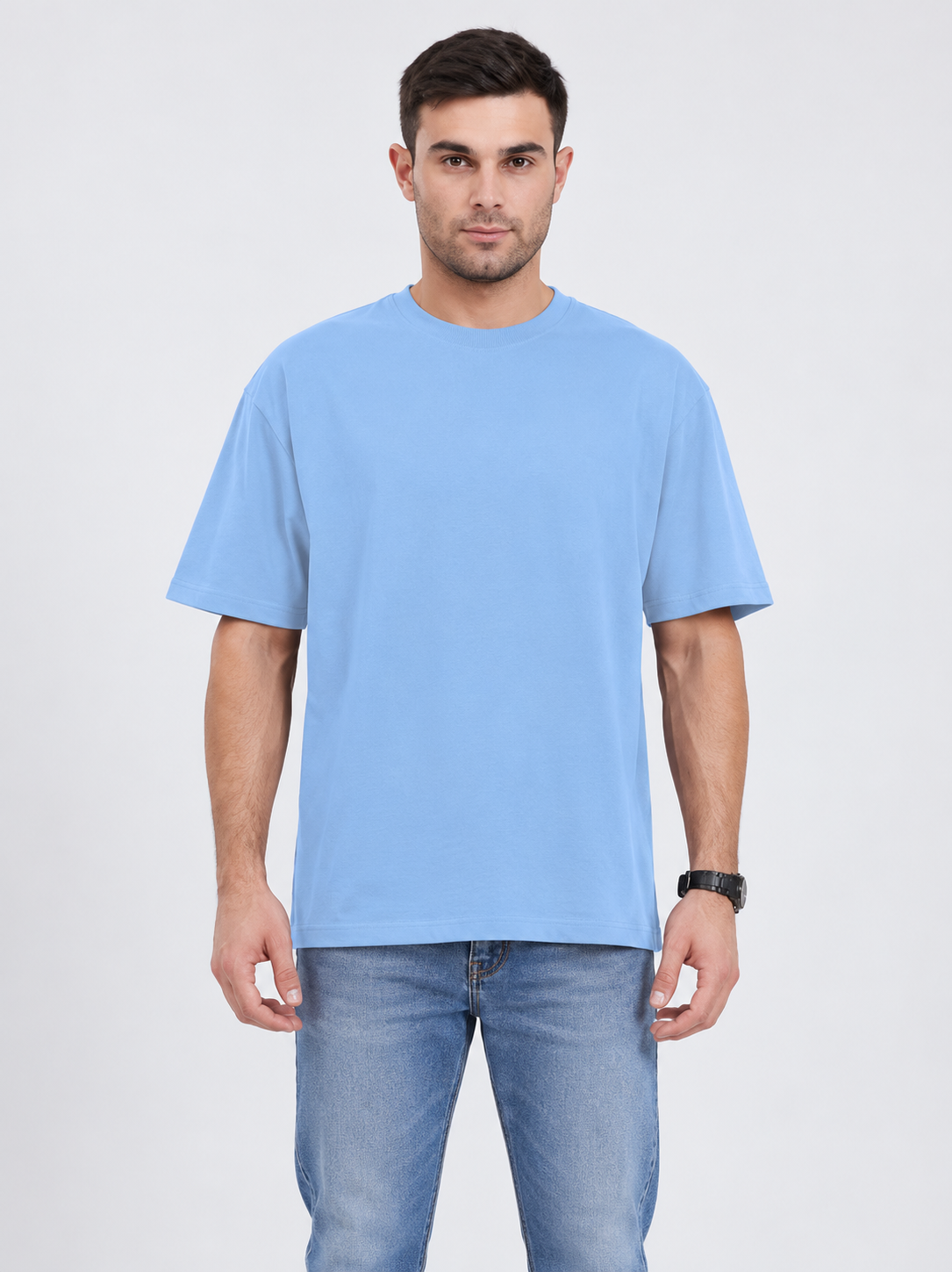 h1009-blended-cotton-polyester-unisex-t-shirt | Sky Blue | model front view