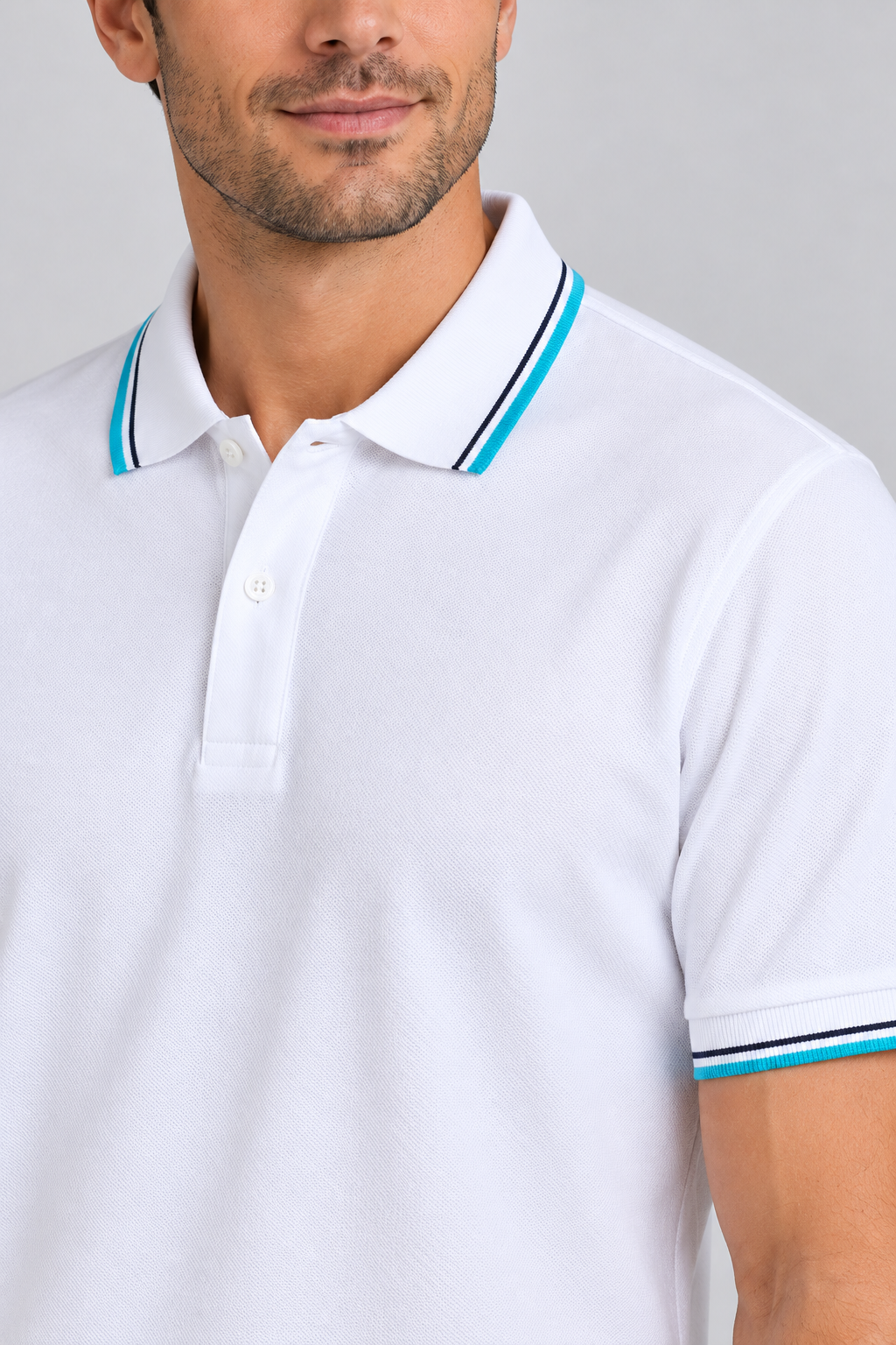 h7005-button-down-polo-100-cotton-pique | White | model detail close-up