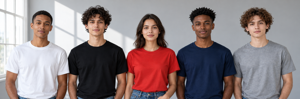 Five adults face the camera in blank white, black, red, navy and grey T-shirts.