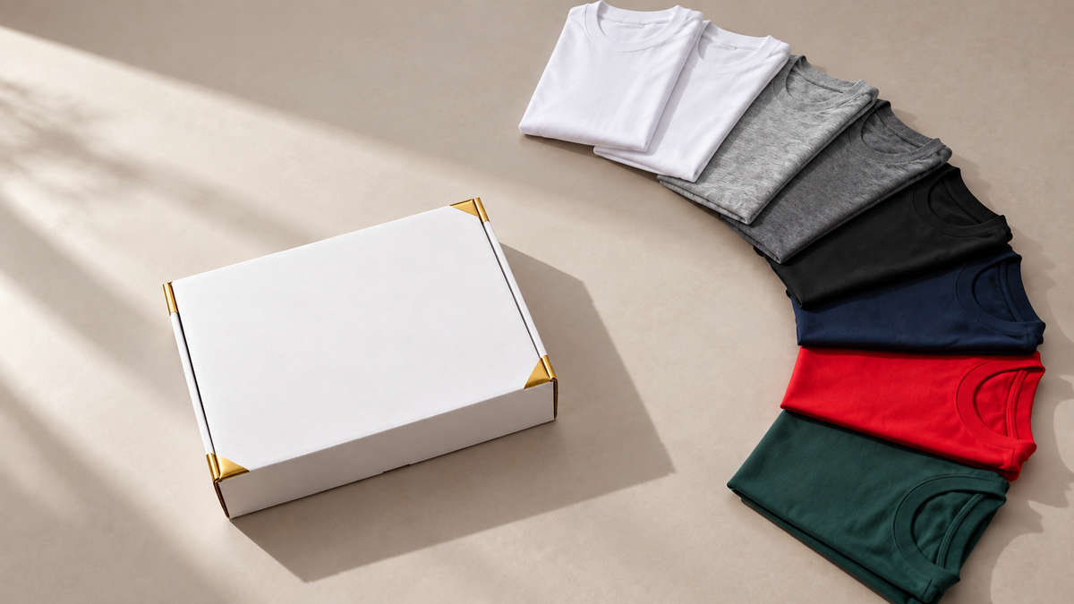 Folded blank T-shirts in assorted colours beside a white wholesale box.