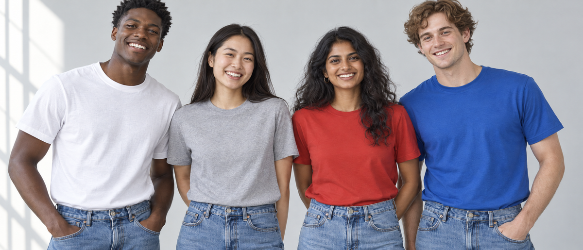 Four adults face the camera in blank white, grey, red and royal-blue T-shirts.