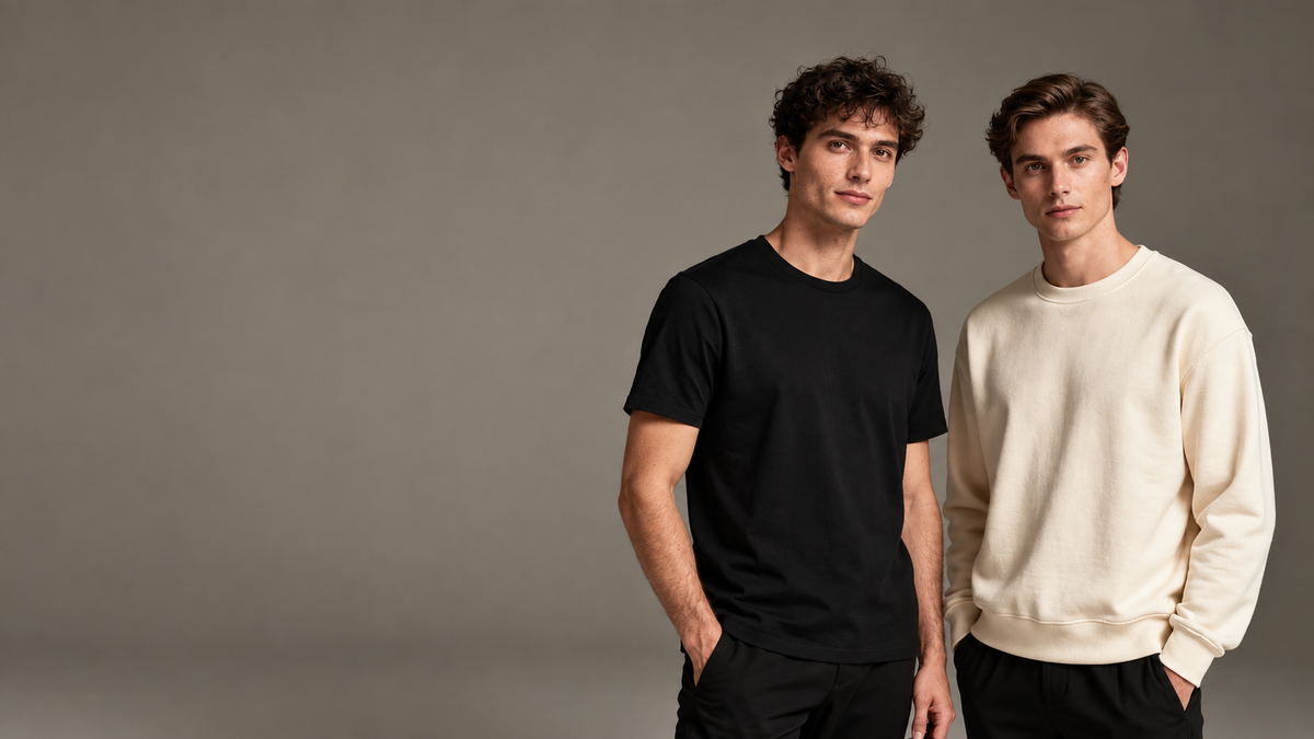 Two adult men face the camera wearing a black T-shirt and a cream crewneck sweatshirt.