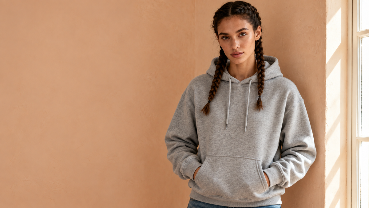 An adult woman faces the camera in a grey pullover hoodie with drawstrings and a kangaroo pocket.