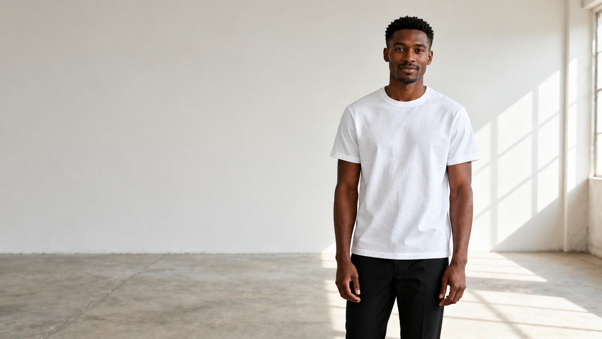 An adult man faces the camera in a blank white crewneck T-shirt.