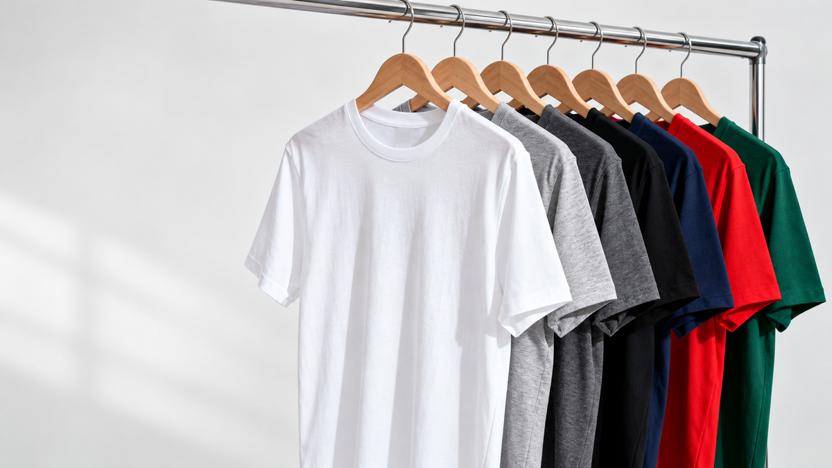 Blank T-shirts in white, grey, black, navy, red and green on wooden hangers.