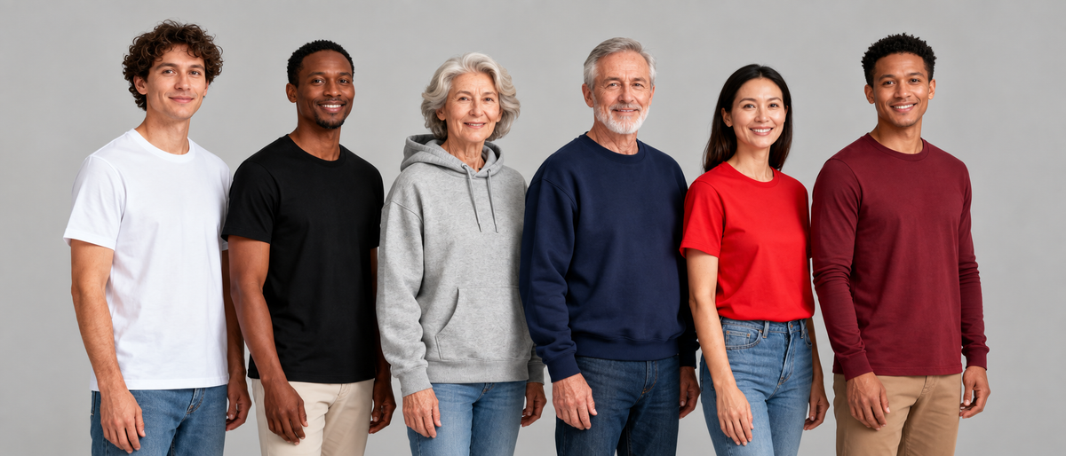 Six adults looking at the camera in white, black and red T-shirts, a grey hoodie, a navy sweatshirt and a burgundy long-sleeve shirt.