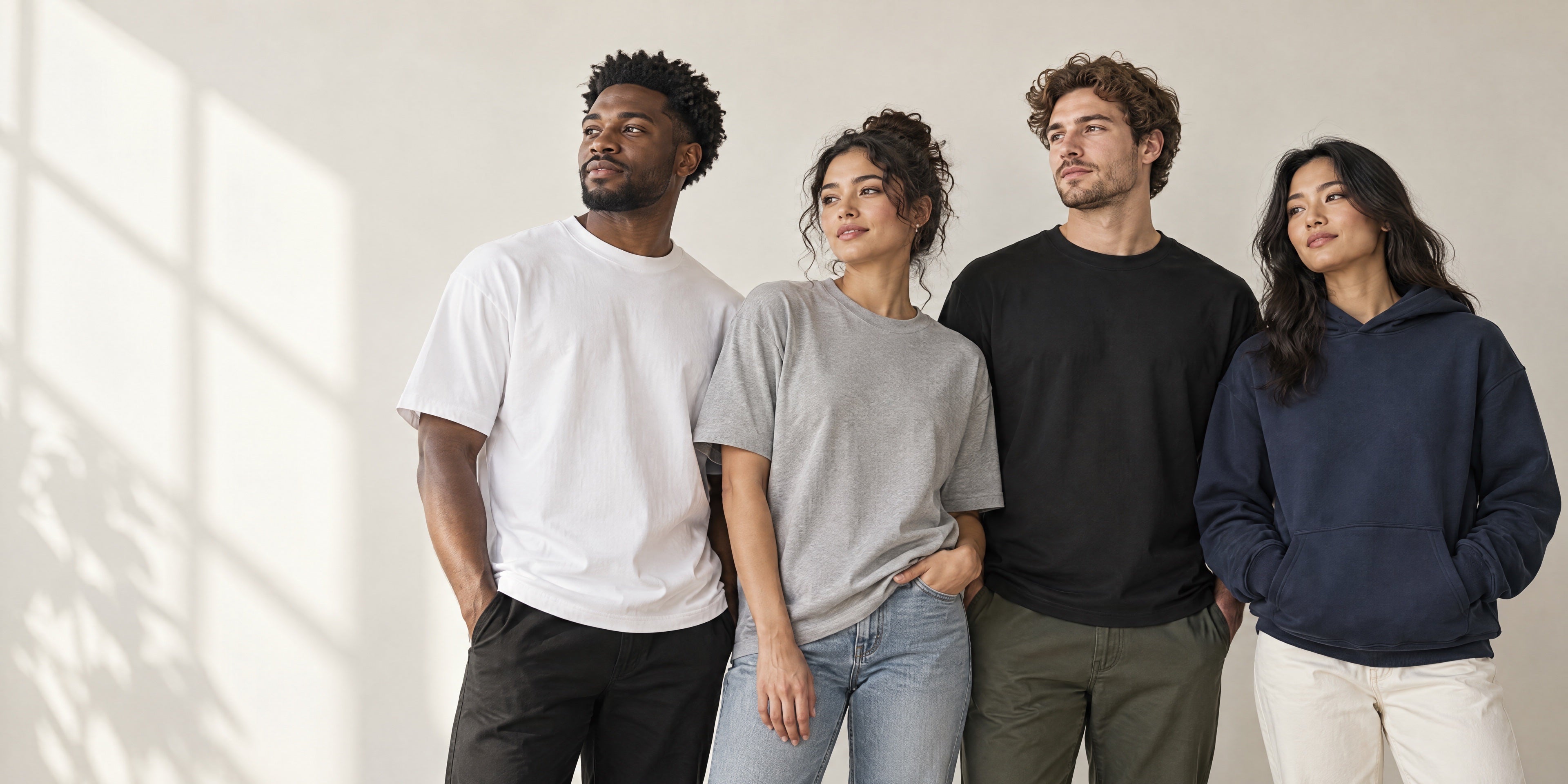 Four adults in blank white, grey, black and navy garments.