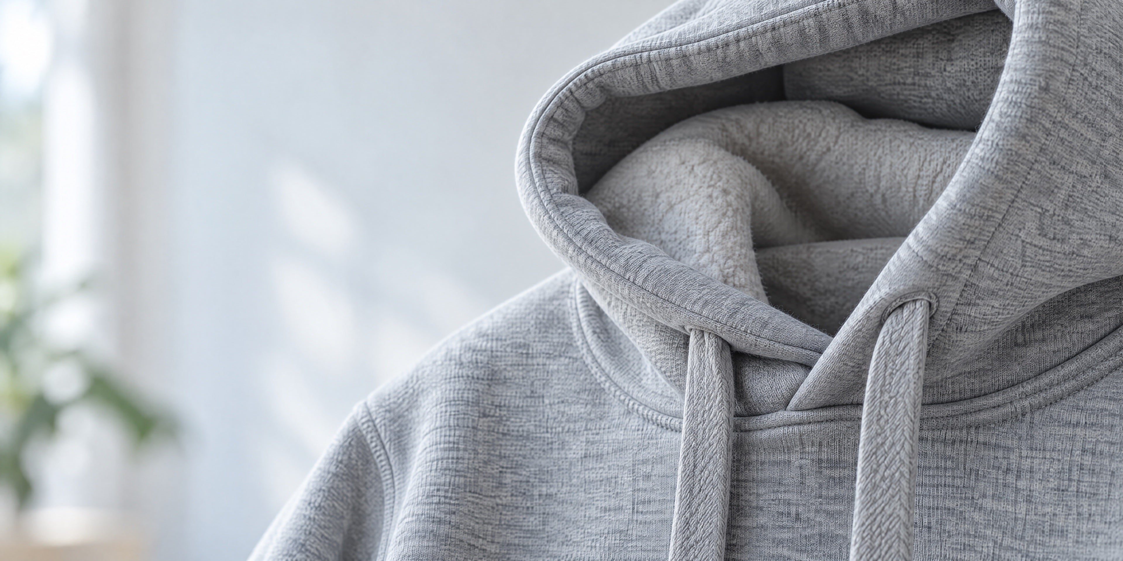 Close-up of a grey heavyweight fleece hood and drawstrings.
