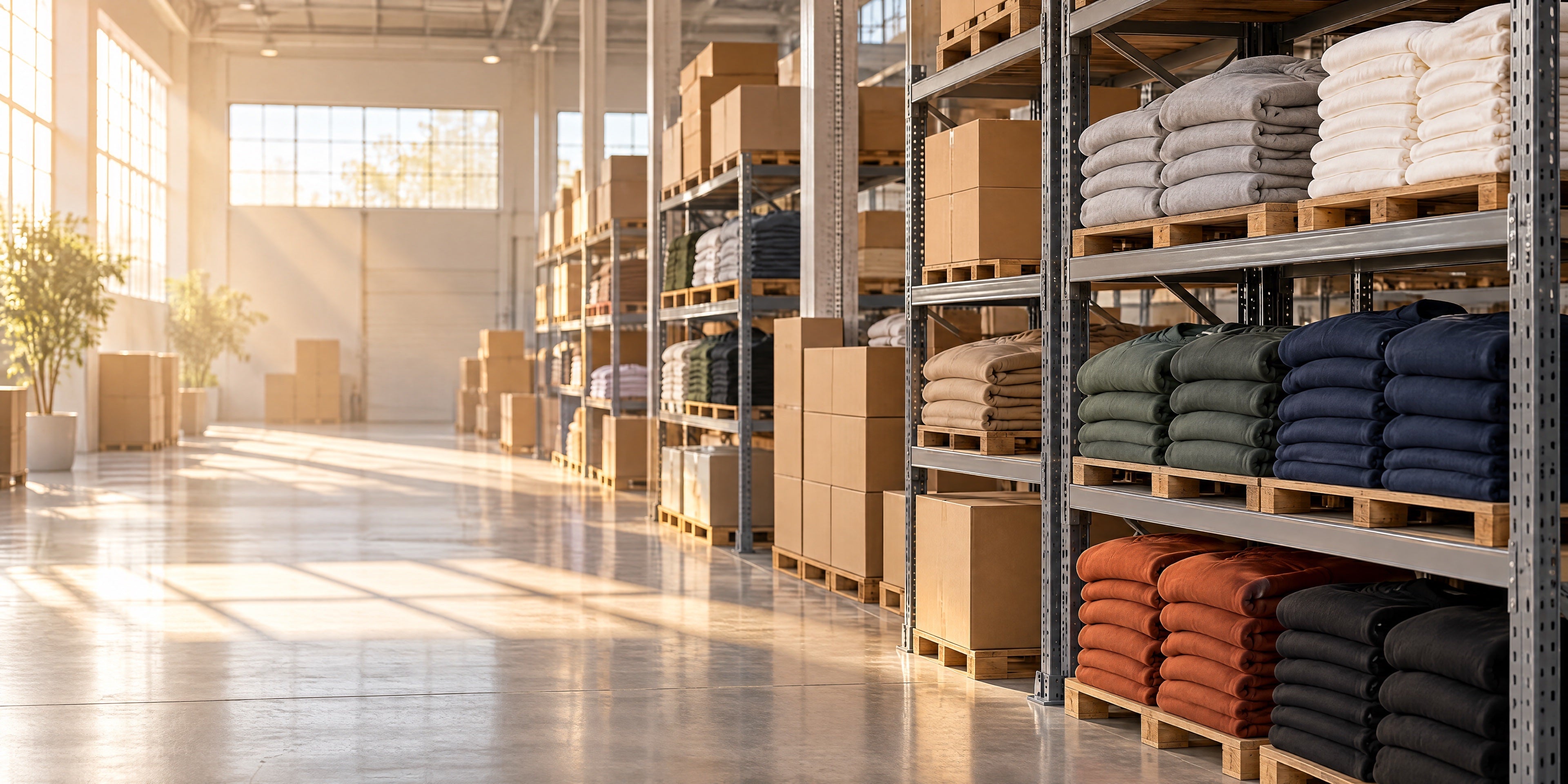 Warehouse racking stacked with folded blank garments and shipping cartons.