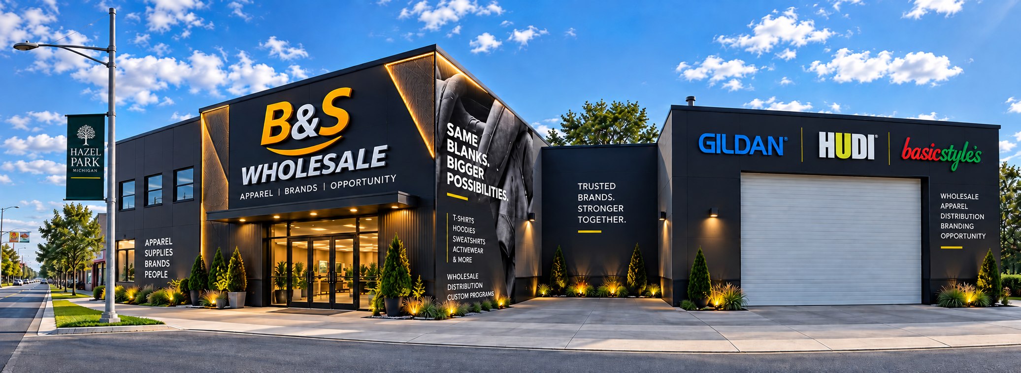 Exterior of the B&S Wholesale building at 21215 Dequindre Road, Hazel Park, Michigan.