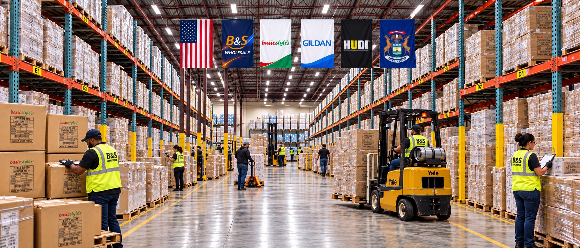 Interior of the B&S Wholesale warehouse: pallets of boxed apparel beneath hanging brand banners for B&S Wholesale, Basic Style’s, Gildan and HUDI.